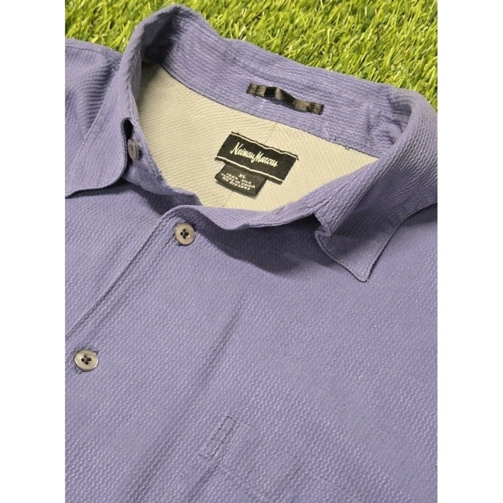 Neiman Marcus Mens XL Silk Shirt Short Sleeve Textured Seersucker Purple